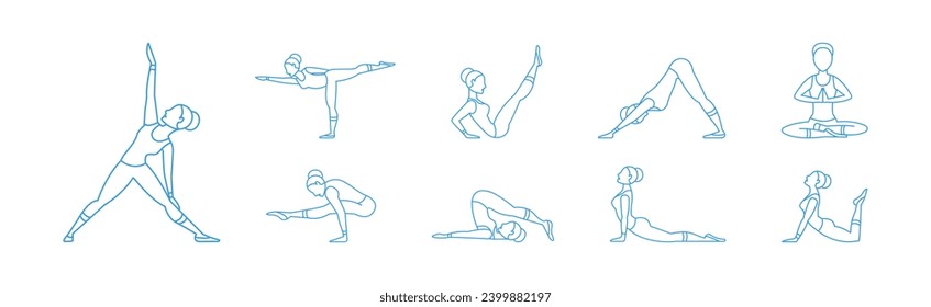 Woman Yoga Pose Line Icon for Body Stretching Exercises Vector Set