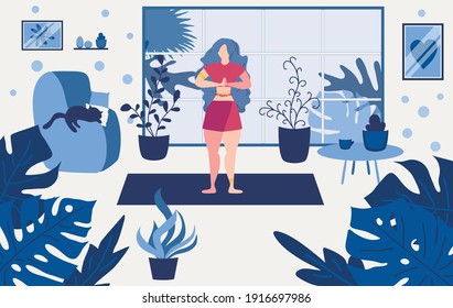  woman  in yoga pose and meditation. Girl performing aerobics exercise and morning meditation at home. Physical and spiritual practice. illustration in a flat cartoon style.