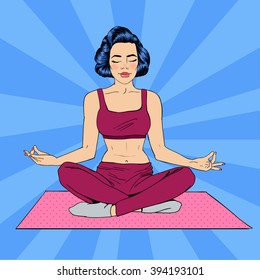 Woman in Yoga Pose Meditation. Girl Meditating. Pop Art Banner. Vector illustration