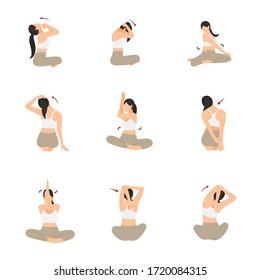 Woman Yoga Pose For Neck And Shoulder Stretching Flat Cartoon Character Design Set