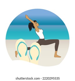 woman in yoga pose on the beach and flip flops footwear 