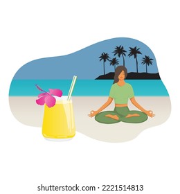 woman in yoga pose on the beach and juice glass