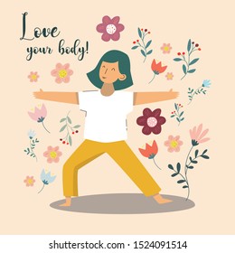 Woman in yoga pose on neutral  background. Text "Love your body!"