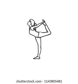 Woman in yoga pose on one leg and stretching body. Gymnastics, yoga fitness, relaxation and health concept. Vector sketch illustration for print, web, mobile and infographics on white background.