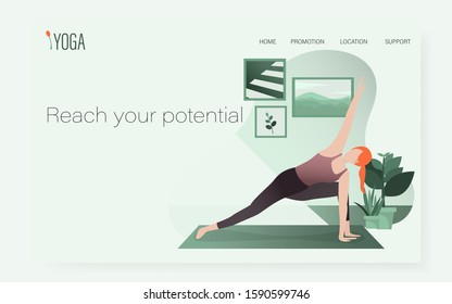 A woman in yoga pose position in her house in minimal design style in UI/UX website template./Healthy sport at home