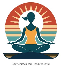 Woman  Yoga Pose Silhouette, Sun on Retro Vintage Background Vector Art Illustration T-shirt Design Art.
