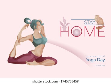 Woman in yoga pose. Stay at home. World Yoga Day. Vector.