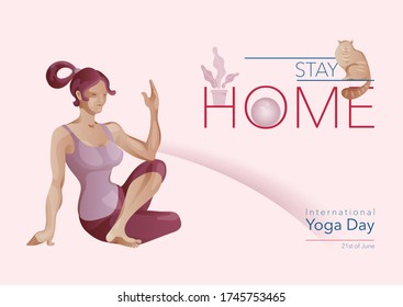 Woman in yoga pose. Stay at home. World Yoga Day. Vector.