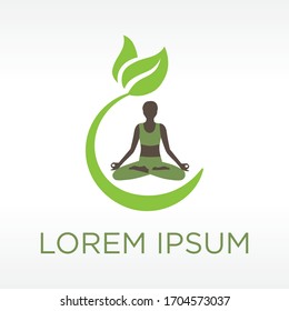 Woman in yoga pose surrounded by plant sprout, vector logo template