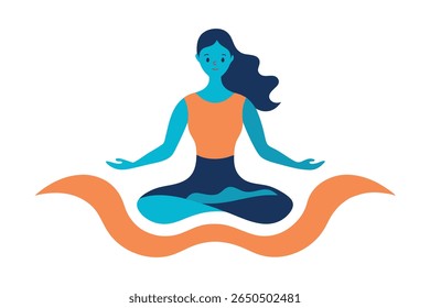 A woman in a yoga pose transforms into a flowing river, symbolizing mental peace and balance. Abstract organic shapes with indigo and peach duotone colors in a calming vector style on white background