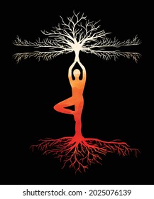 Woman yoga pose with tree vector illustration. Meditation yoga, tree of life meditation , yoga with tree 