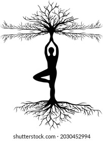 Woman yoga pose with tree vector illustration. Meditation yoga silhouettes