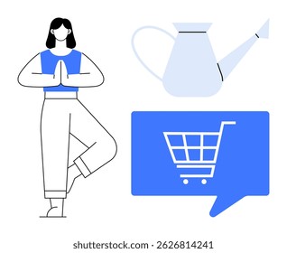 Woman in yoga pose, watering can, and shopping cart in blue chat bubble. Ideal for wellness, fitness, online shopping, gardening, relaxation, health, and mindfulness concepts. Line metaphor