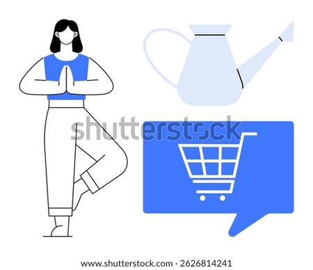 Woman in yoga pose, watering can, and shopping cart in blue chat bubble. Ideal for wellness, fitness, online shopping, gardening, relaxation, health, and mindfulness concepts. Line metaphor