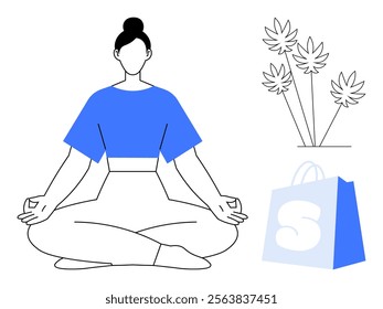 A woman in a yoga pose, wearing a blue top, is serenely meditating. Nearby, a blue shopping bag and decorative plants are visible. Ideal for wellness, mindfulness, yoga, relaxation, and lifestyle