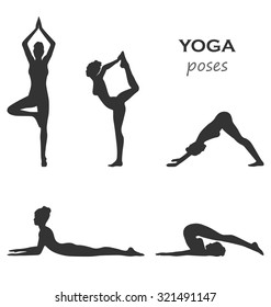 Woman in Yoga Poses Asanas Set Black Isolated on White Background