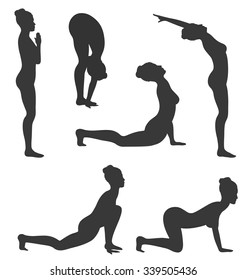 Woman in Yoga Poses Asanas Set Black Isolated on White Background