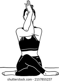 Woman Yoga Poses For Beginner People Exercise Hand Drawn Line Art Illustration 