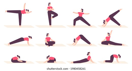 Woman in yoga poses. Female cartoon character do fitness stretch exercises, pilates and relax in asana position. Health lifestyle vector set. Illustration female lady yoga, exercise and meditation