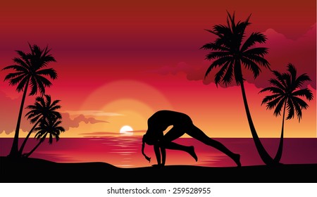 woman in the yoga poses on the beach at sunset, vector illustration
