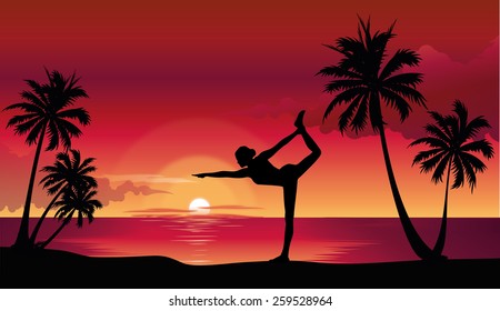 woman in the yoga poses on the beach at sunset, vector illustration