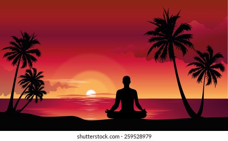 woman in the yoga poses on the beach at sunset, vector illustration