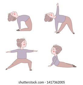 Woman yoga poses set. Cute girl doing yoga. Fitness concept. Vector illustration of a woman doing her workout. Girl wearing sportswear and yogapants. Pastel colors poster in a hand drawn style