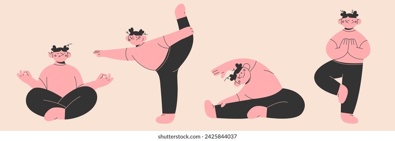 Woman yoga poses set.Meditation practice. Concept of zen and harmony. Fitness, sport, training and yoga lifestyle concept. Hand drawn cartoon style character.Vector illustration EPS 10