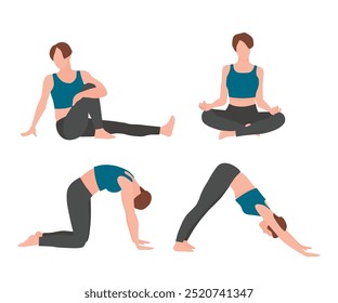 Woman yoga poses vector illustration set. Female person practicing different asanas poses. Meditation, relaxation. Healthy living. Sports club, fitness exercises banner, poster, design element.