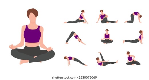 Woman yoga poses vector illustration set. Female person practicing different asanas poses. Meditation, relaxation. Healthy living. Sports club, fitness exercises banner, poster, design element.