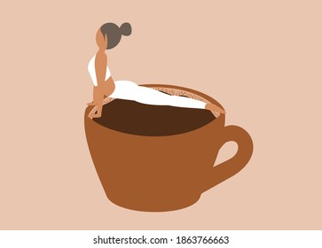 Woman in yoga position over a big cup of coffee. Coffee addict concept