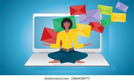 Woman in yoga position sitting on laptop, meanwhile plenty of e-mails coming in. Dimension 16:9. 