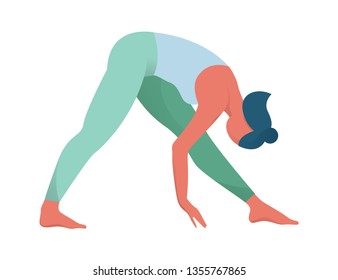 Woman in yoga position. Stretching and relaxation. Idea of active and healthy lifestyle. Workout for flexible body. Vector flat illustration