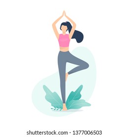 Woman in yoga position. Stretching and relaxation. Idea of active and healthy lifestyle. Workout for flexible body. Vector flat illustration