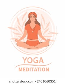 Woman in yoga posture doing meditation, mindfulness practice, spiritual discipline. Concept of yoga studio, sport, stress relief, physical and mental health. Vector illustration.