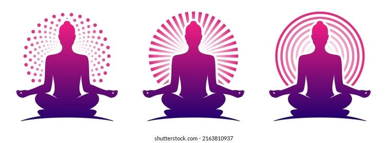 Woman yoga purple logo vector templates. Meditating female in a lotus zen pose with a round halo.