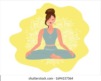 Woman yoga silhouette in lotus position with ornamental background, vector illustration