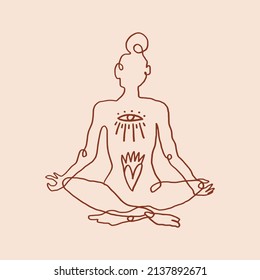 Woman yoga silhouette meditation lotus pose asana vector illustration. Sacred mystical healing energy, kundalini, tantra art. Holistic healing reiki new age concept.