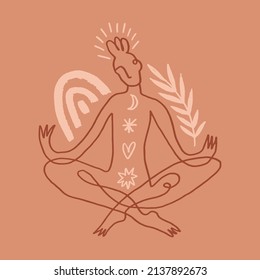 Woman yoga silhouette meditation lotus pose asana vector illustration. Sacred mystical healing energy, kundalini, tantra art. Holistic healing reiki new age concept.