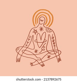 Woman yoga silhouette meditation lotus pose asana vector illustration. Sacred mystical healing energy, kundalini, tantra art. Holistic healing reiki new age concept.