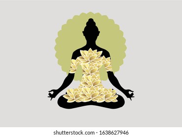 Woman yoga sits in a lotus pose. with lotus pattern ornament