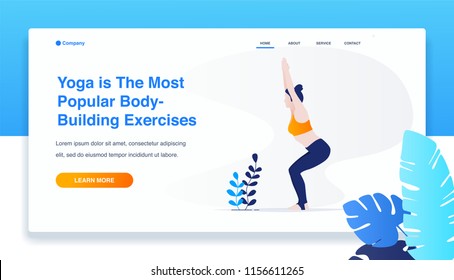 woman yoga, standing in Utkatasana exercise, Chair pose. landing page