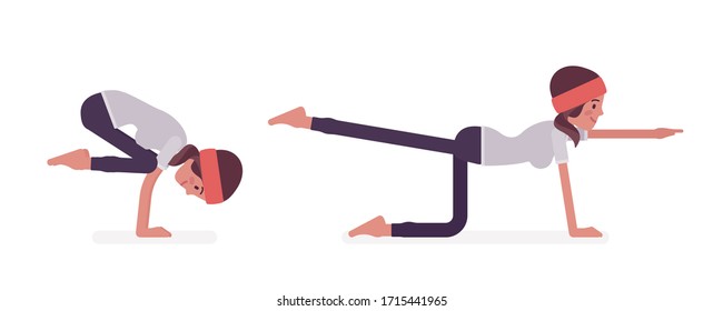 Woman in yogi sports wear practicing yoga, doing Donkey, Kick, Bird dog pose and Crane, Bakasana exercise, attractive girl training for healthy habit workout. Vector flat style cartoon illustration