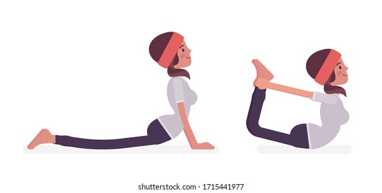 Woman in yogi sports wear practicing yoga, doing Cobra, Bhujangasana pose, Dhanurasana, Bow exercise, attractive girl training healthy habit workout, practice. Vector flat style cartoon illustration