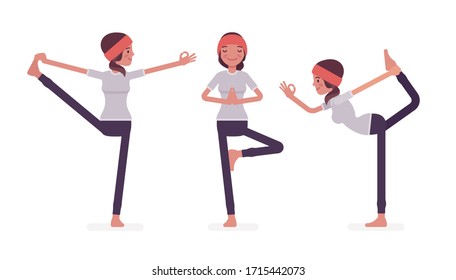 Woman in yogi sports wear practicing yoga, Utthita Hasta Padangustasana, Extended Hand to Big Toe exercise, Natarajasana, Lord of Dance and Vrksasana, Tree pose. Vector flat style cartoon illustration