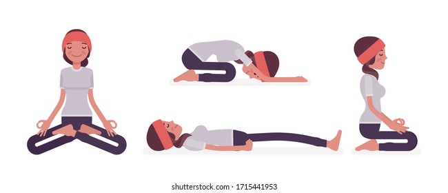 Woman in yogi wear practicing yoga in restorative, seated poses, Padmasana, Lotus variation, Child, Balasana exercise, seiza vajrasana, Dead Body, Savasana. Vector flat style cartoon illustration