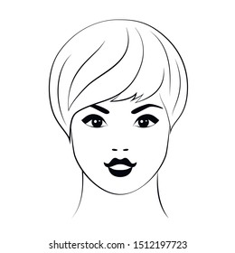 Woman  young beautiful face, black outline on white background