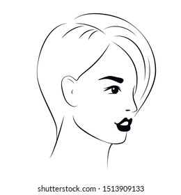 Woman young beautiful face, black outline on white background