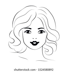 Woman young beautiful face, black outline on white background