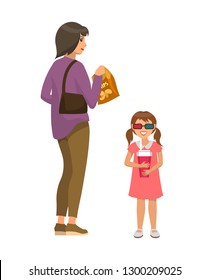 Woman with young daughter going to watch movies vector. Film theatre visiting, woman holding handbag and kid wearing 3d glasses holding drink soda